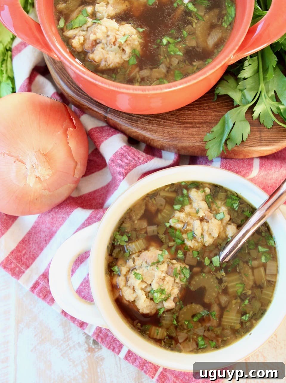 Overhead view of two bowls of turkey soup with golden stuffing dumplings, garnished with fresh herbs. The bowls sit on a red and white striped towel, with celery and yellow onion in the background.
