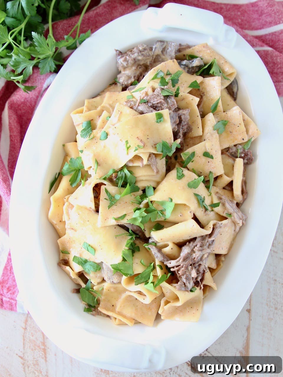 Instant pot beef stroganoff in a large white oval serving dish with wide egg noodles and shredded beef, topped with fresh parsley, sitting on a red and white striped towel