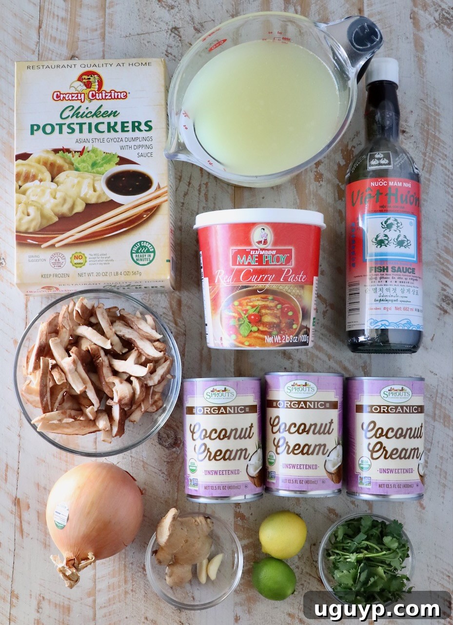 ingredients for Thai coconut potsticker soup on white wood board