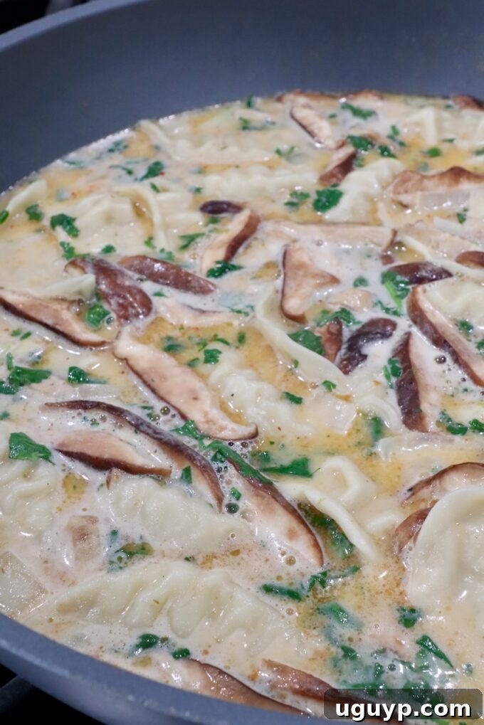 cilantro, mushrooms and potstickers in a pot of creamy coconut broth