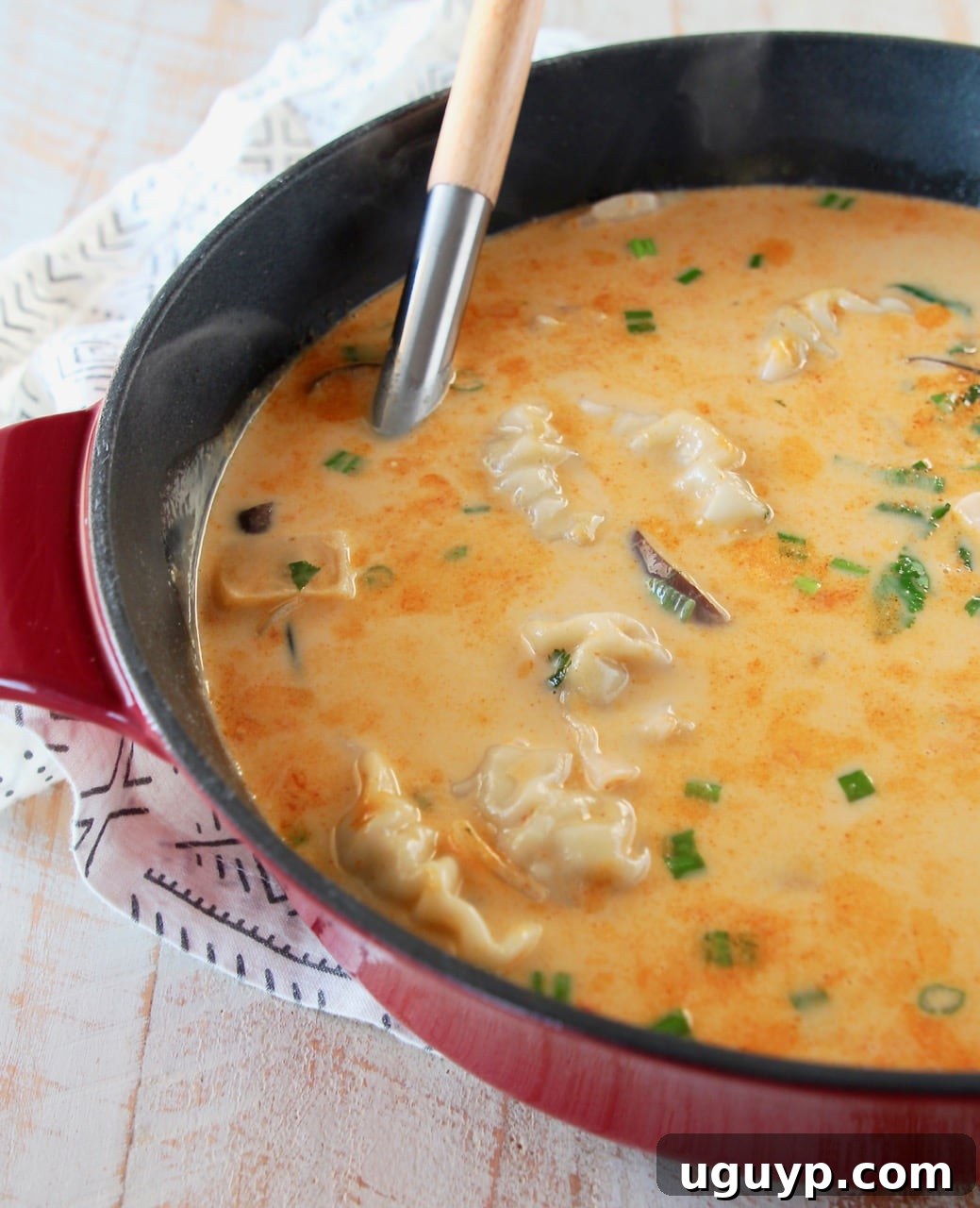 Thai coconut soup with potstickers in large red cast iron pot, garnished with cilantro and scallions, with wooden spoon handle in pot