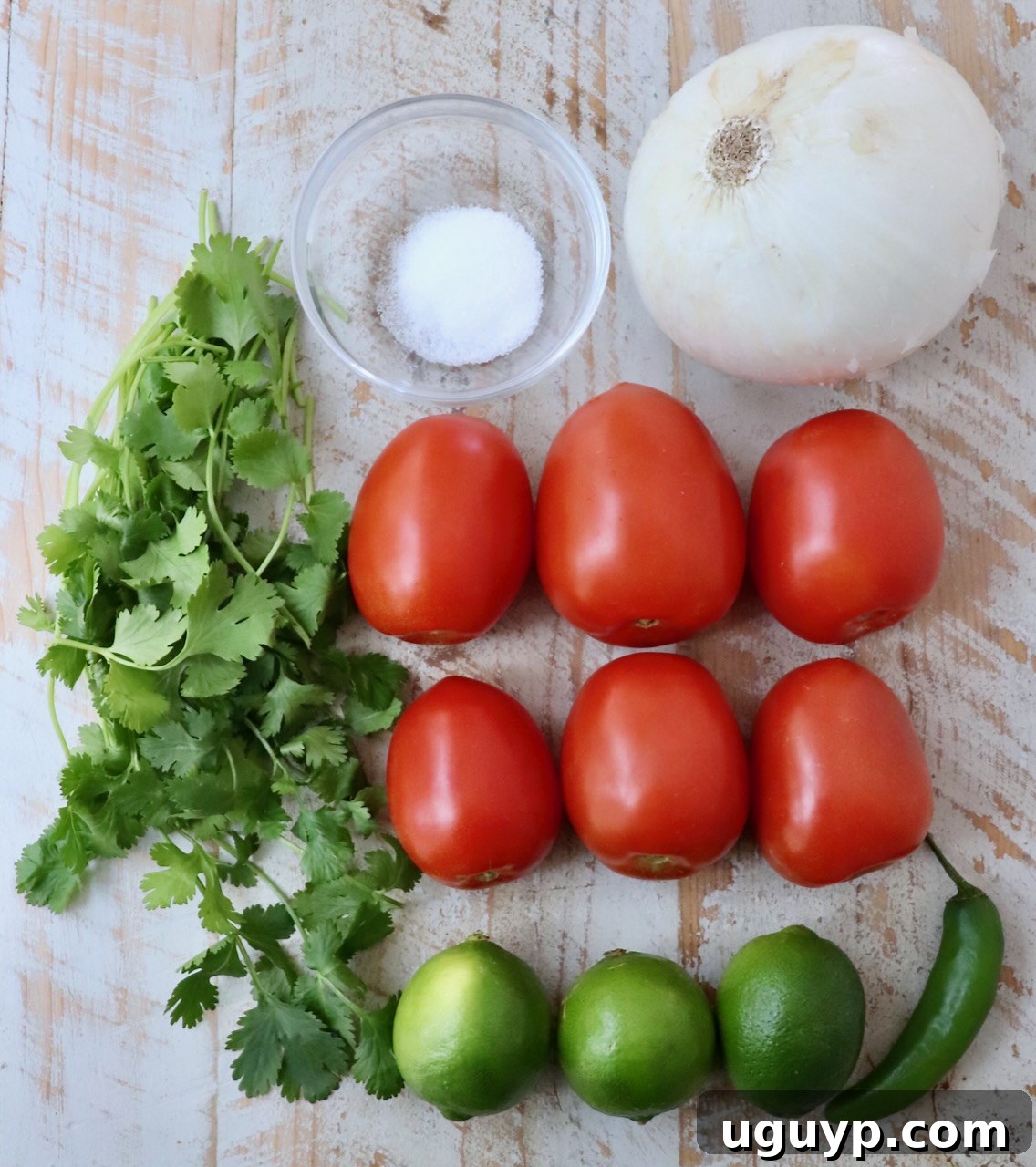 Ingredients for Pico de Gallo laid out on a white wooden board, including tomatoes, onions, cilantro, limes, and a serrano pepper.