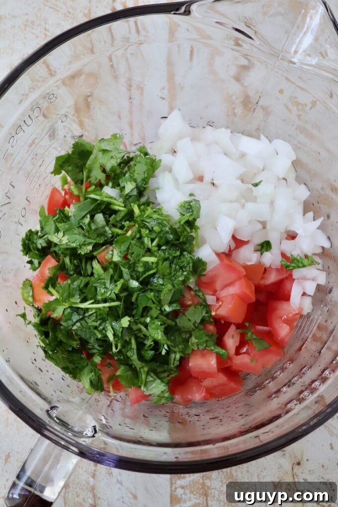 Diced Roma tomatoes and white onions, with fresh cilantro, in a clear glass mixing bowl.