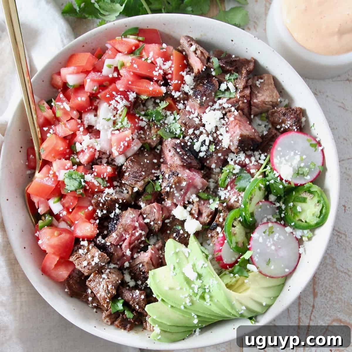 A hearty Carne Asada Bowl with tender diced steak, creamy avocado, and a generous dollop of fresh Pico de Gallo.