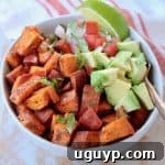 A beautifully composed square image of a vegan quinoa bowl, featuring fluffy quinoa, perfectly roasted sweet potatoes, creamy diced avocado, and vibrant pico de gallo, garnished with a fresh lime wedge and a copper fork.