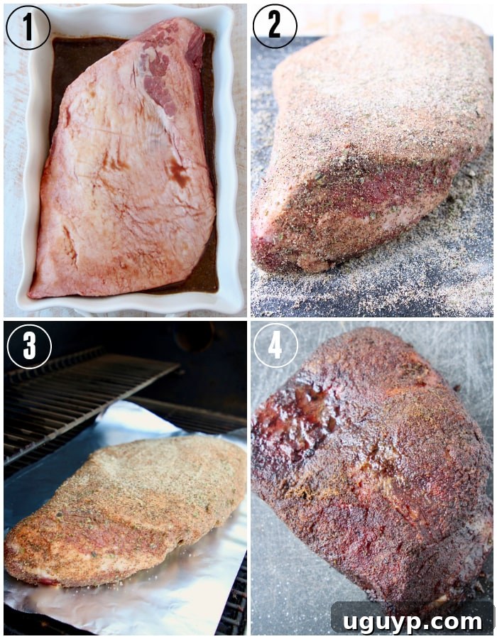 A visual guide showing the process of preparing and smoking a brisket, from marinating to slicing.