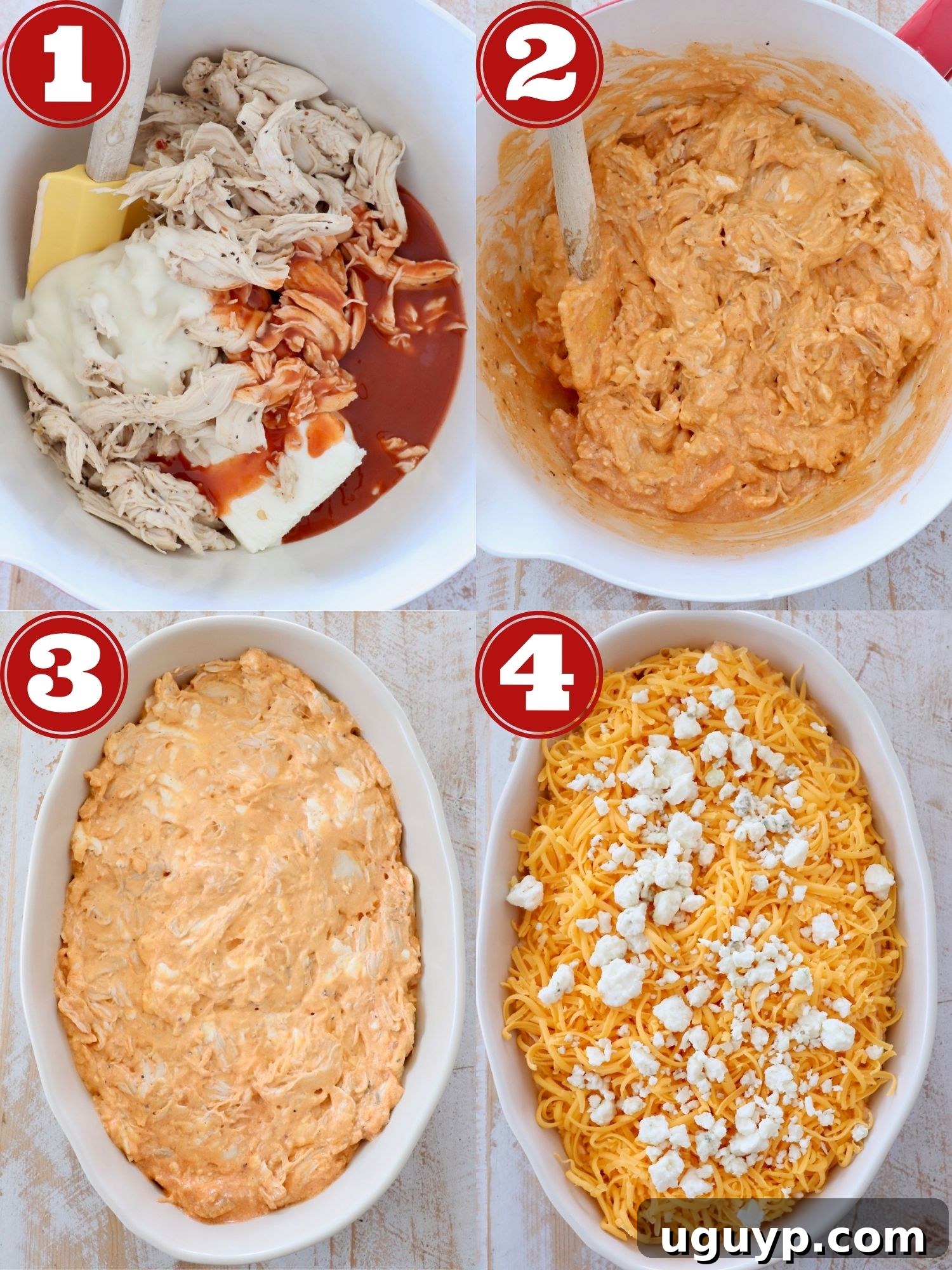 collage of images showing the process of making buffalo chicken dip step-by-step