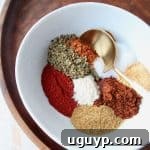 Fajita seasoning spices in white bowl with gold and white spoon in the bowl