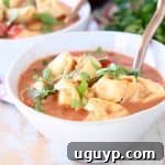 Tortellini soup in white bowls with copper spoons and fresh parsley, ready to be served.