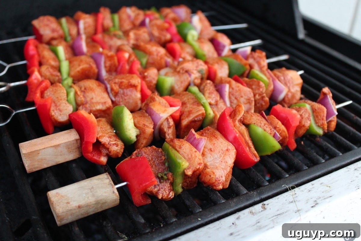 Chipotle Lime Chicken Fajita Skewers being placed onto a hot grill, showing a slight char.