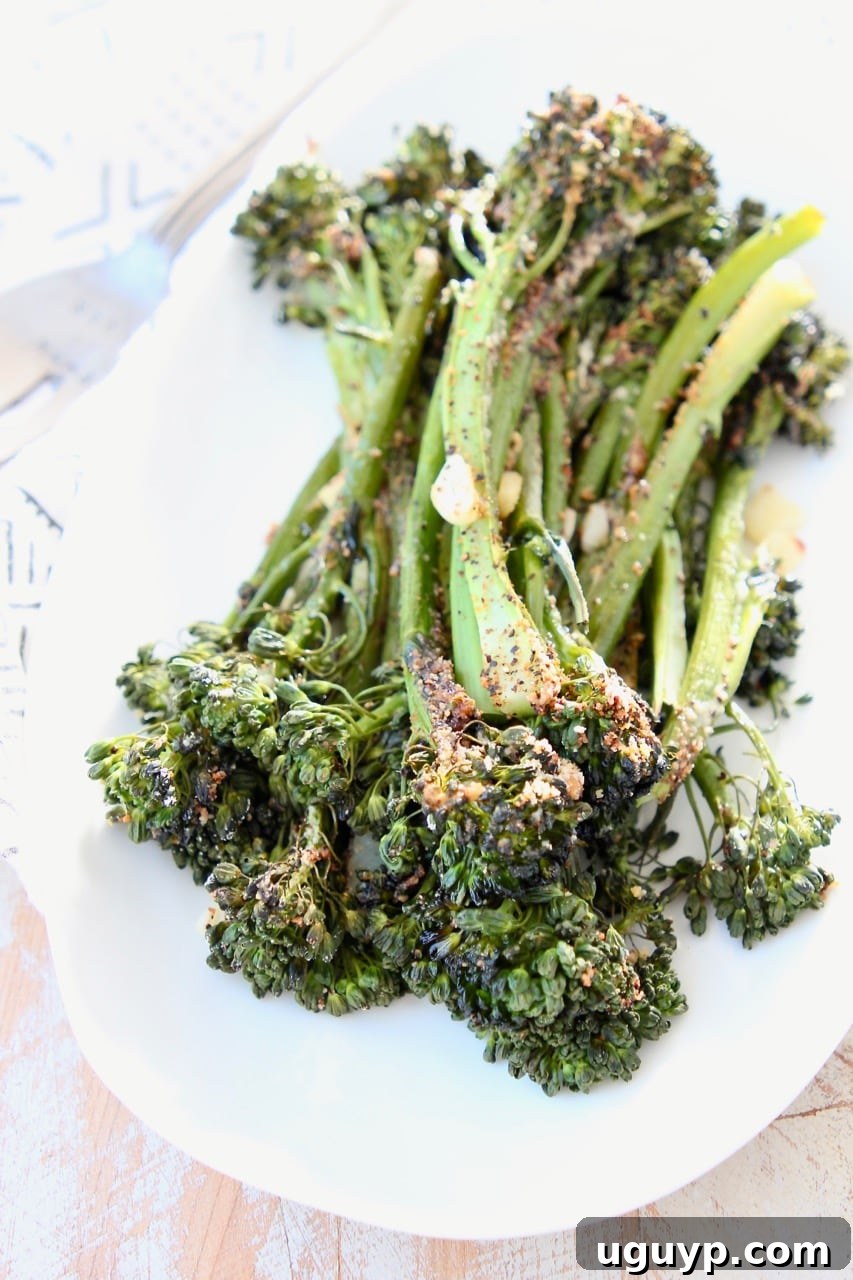 Roasted broccolini on white plate