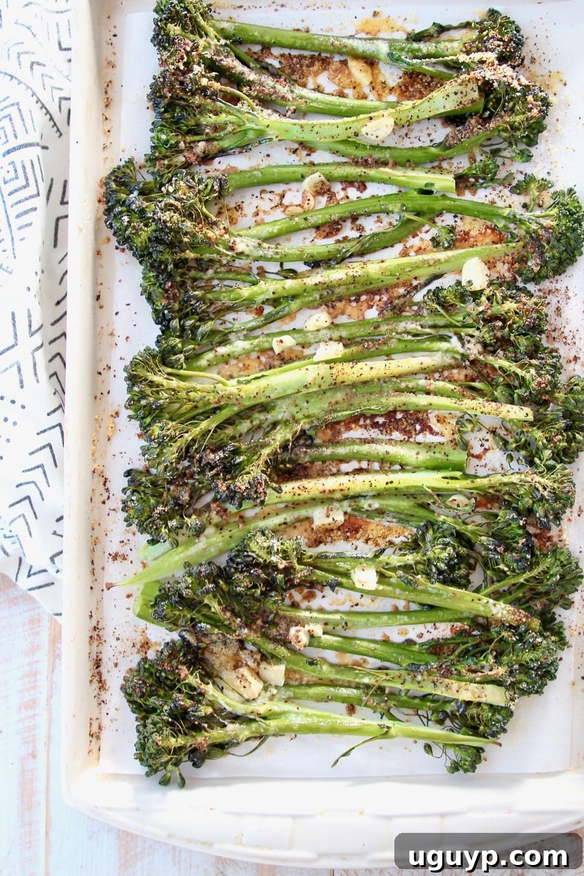 Roasted broccolini on baking sheet