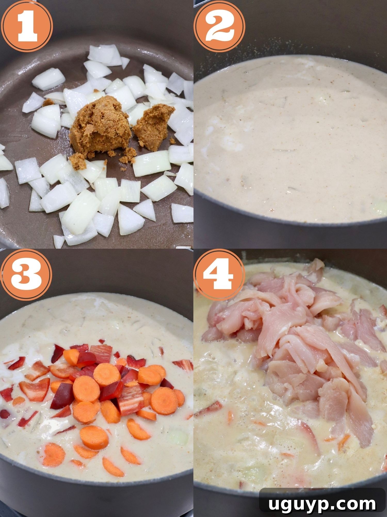 A collage demonstrating the step-by-step process of making Thai Yellow Curry, from sautéing onions to simmering with chicken and vegetables.