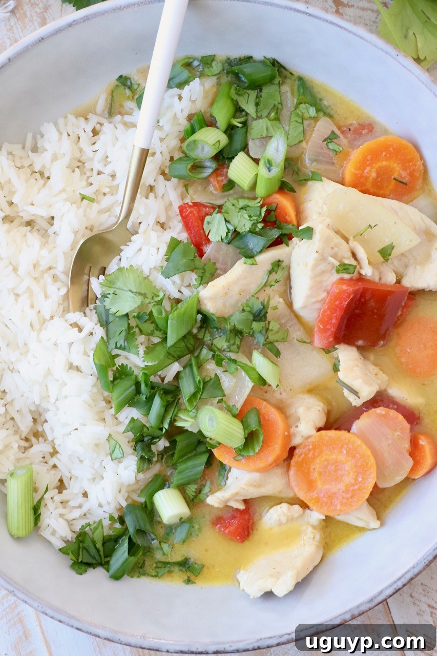 A bowl of Thai Yellow Curry with chicken and vegetables, served alongside a portion of cooked white rice, ready to be enjoyed.