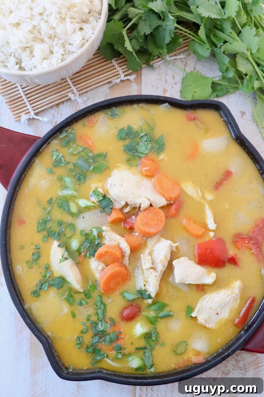 A skillet filled with rich, creamy yellow curry, brimming with tender chicken and colorful vegetables, ready to be served.