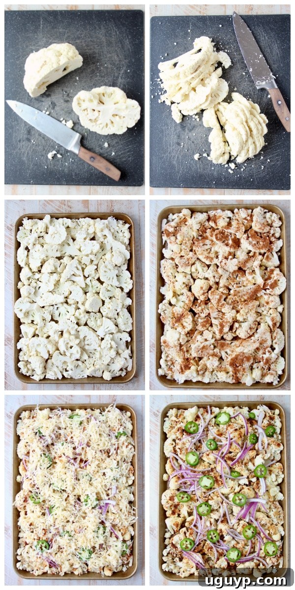 Instructional images for how to make cauliflower nachos