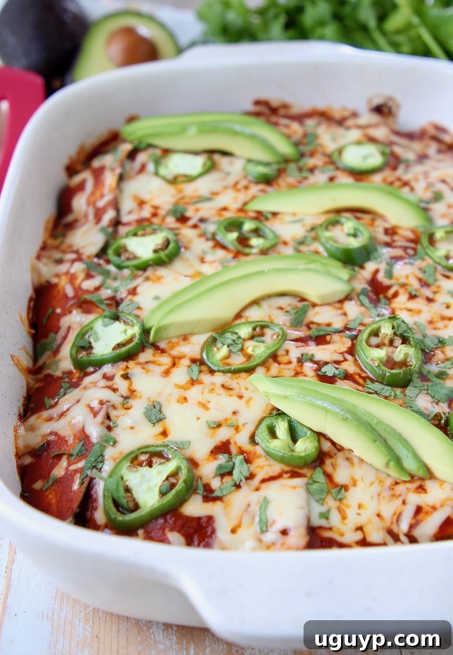 Low carb enchiladas with red sauce in casserole dish topped with sliced jalapenos and avocado, ready to serve.