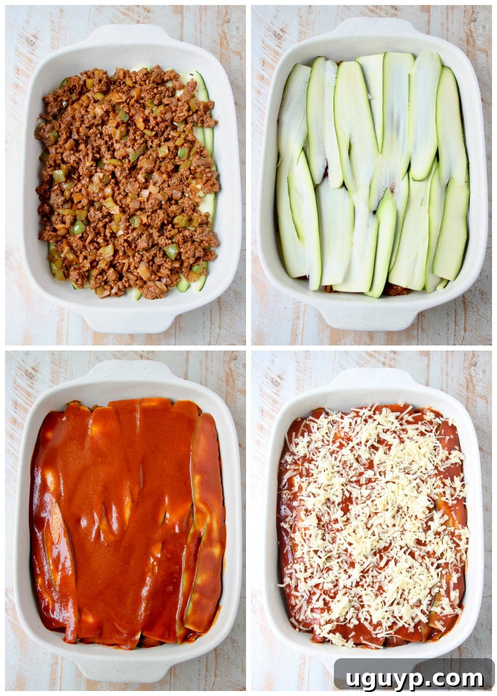 Instructional images of how to make low carb zucchini enchiladas with ground beef and red sauce, step-by-step.