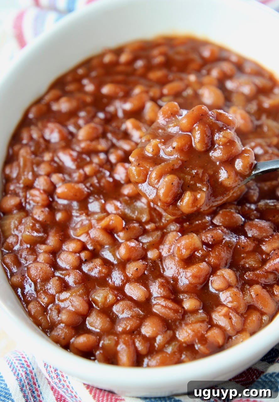Close-up of a white bowl filled with glistening homemade BBQ baked beans, a black and silver spoon gently lifting some of the rich, saucy beans.