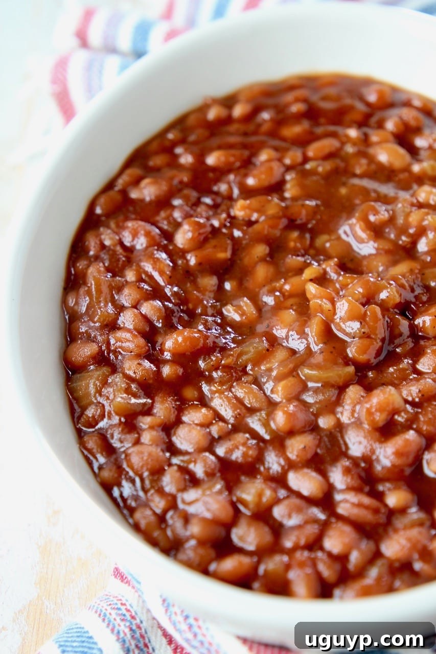 An oval serving bowl brimming with dark, rich BBQ baked beans, ready to be enjoyed. The surface shimmers with the sweet and smoky sauce.