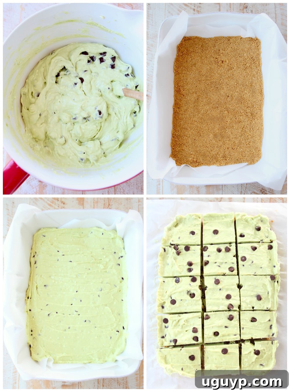 Avocado cheesecake instructional images showing the step-by-step process of making the crust and filling.