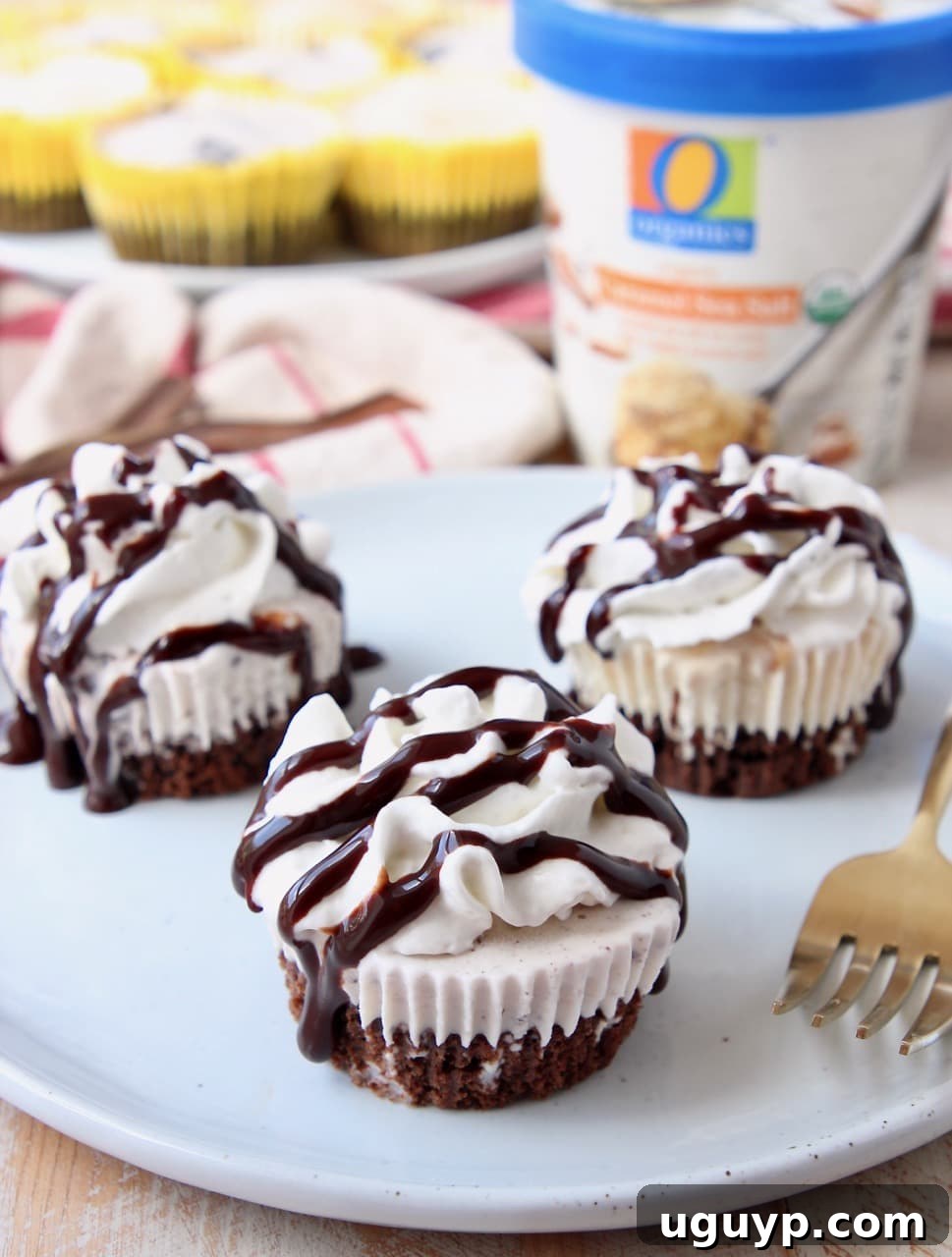 Delightful mini ice cream cakes served on a white plate with a golden fork, showcasing their layered beauty and tempting toppings.