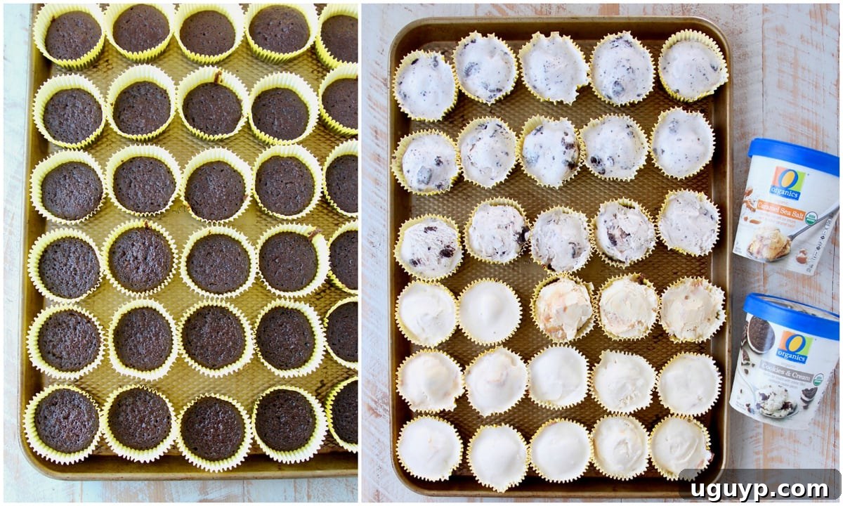 A visual guide showing the step-by-step process of assembling mini ice cream cakes, from baking cupcakes to adding ice cream.
