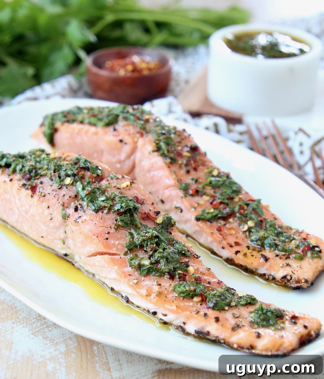 Slices of salmon on plate topped with chimichurri sauce
