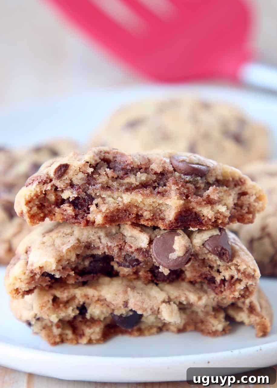 Delicious Nutella chocolate chip cookies broken in half, showcasing their soft, chewy interior and Nutella swirl, stacked on top of each other on a rustic wooden surface.
