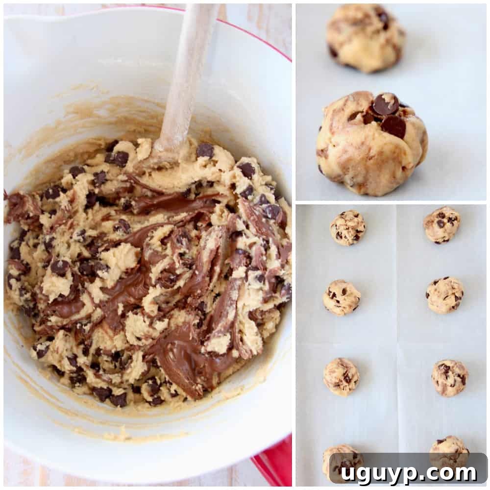 A collage of four step-by-step images demonstrating how to make Nutella chocolate chip cookies, from mixing ingredients to adding the Nutella swirl and baking.