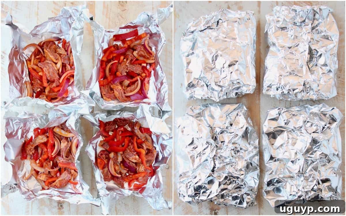 Step-by-step instructional images showing the preparation and grilling of Buffalo Cheesesteak Foil Packs, from raw ingredients to melted cheese perfection.