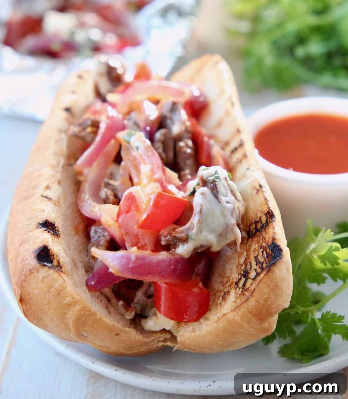 A delicious buffalo cheesesteak sandwich served on a hoagie roll with a side of buffalo sauce, ready to be enjoyed.