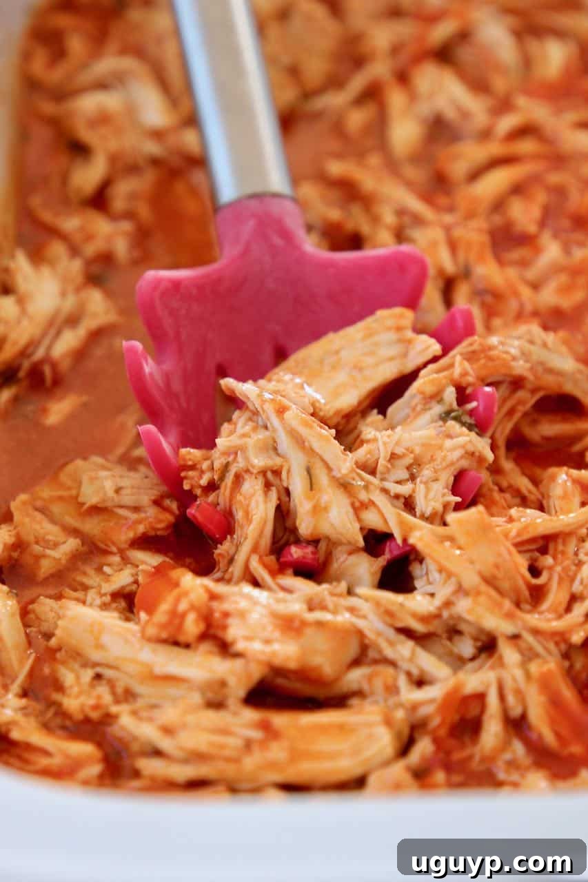 Shredded buffalo chicken in a crock pot, ready to be served, with a red serving spoon.