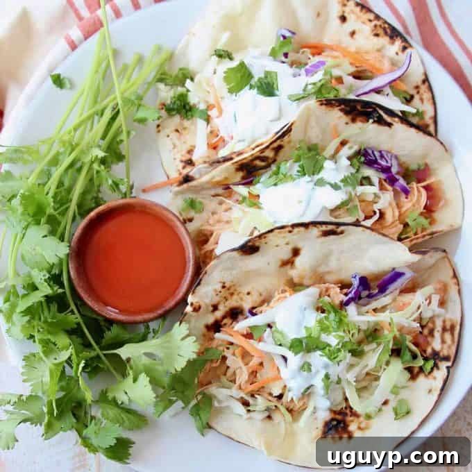 Two soft tacos, generously filled with buffalo chicken, presented on a plate with a small wooden bowl of buffalo sauce, ready to be enjoyed.