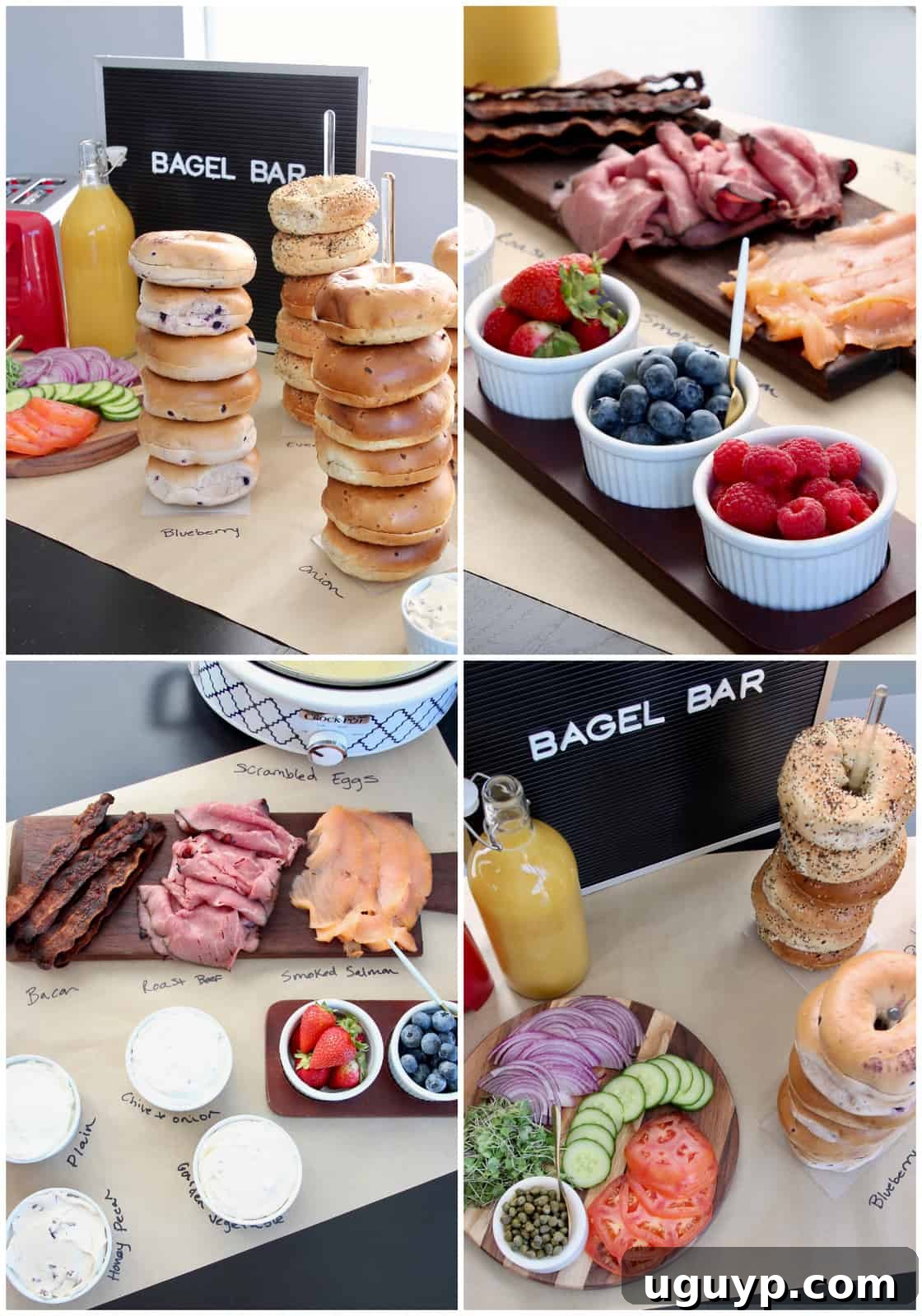 A collage displaying various components of a bagel bar setup, including bagels, cream cheeses, fruits, and savory toppings.