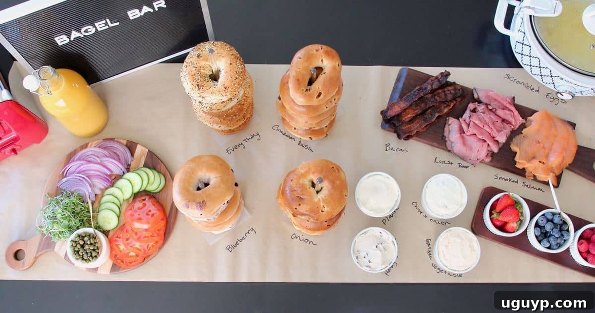 A closer view of the Bagel Bar, showcasing the variety of bagels and neatly arranged toppings.