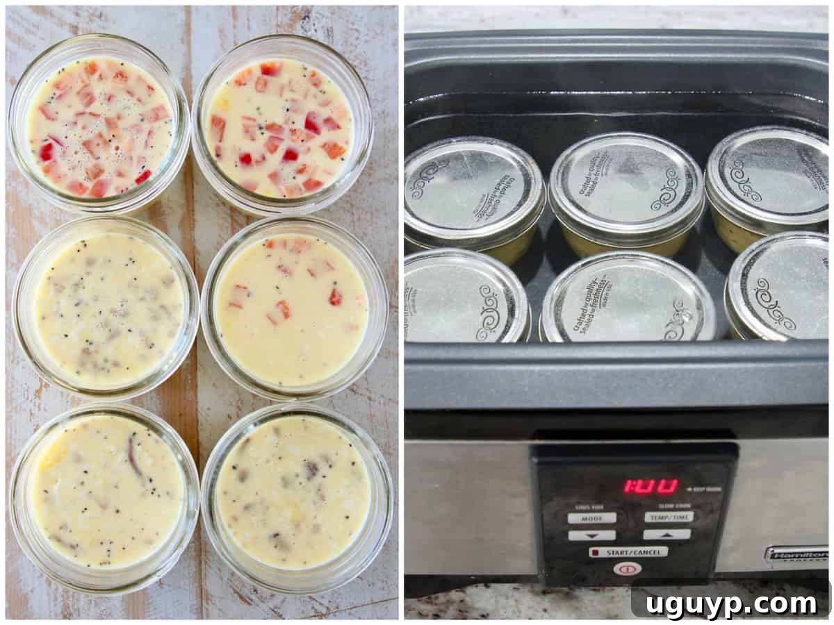 A visual collage showing the step-by-step process of making sous vide egg bites in mason jars, from whisking eggs to placing them in the water bath.