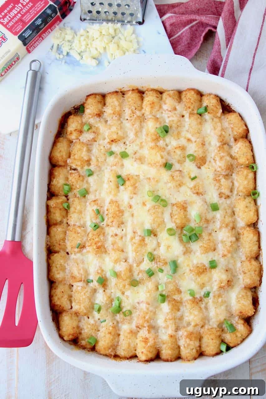 Tater tot casserole in baking dish