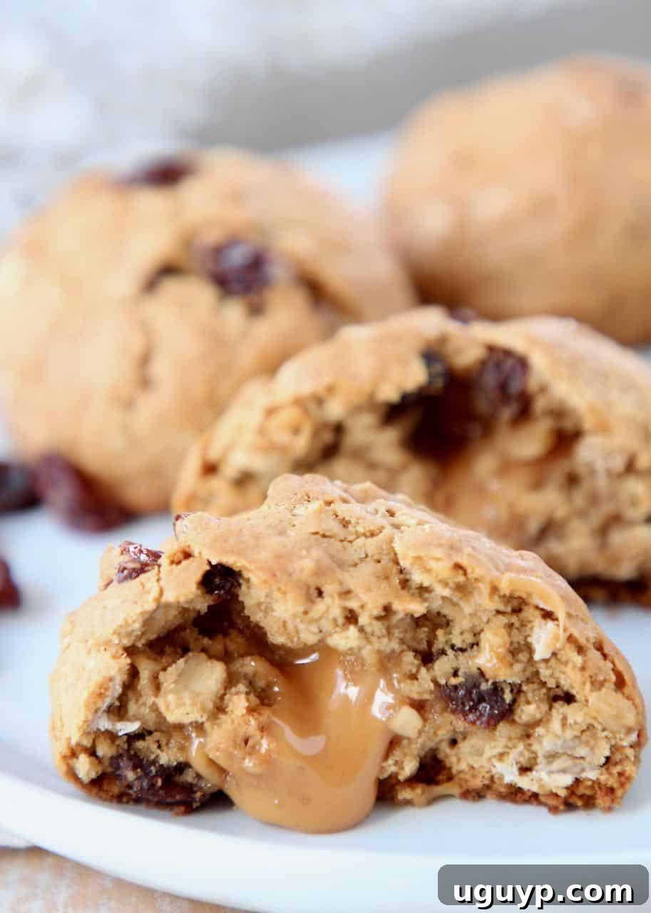 Oatmeal raisin cookie cut in half with caramel oozing out of the middle