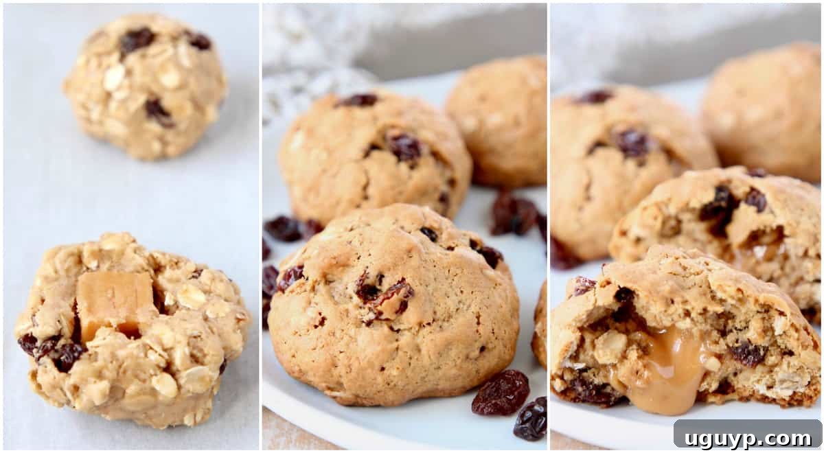 Collage of images showing how to make caramel filled oatmeal raisin cookies