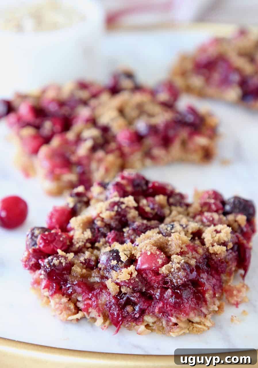 Oatmeal Cranberry Bars cut into squares on marble serving tray, showcasing layers of oats and cranberries.