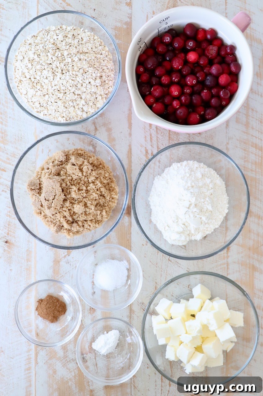 Ingredients for Oatmeal Cranberry Bars laid out on a white wooden board, including flour, sugar, butter, oats, and fresh cranberries.