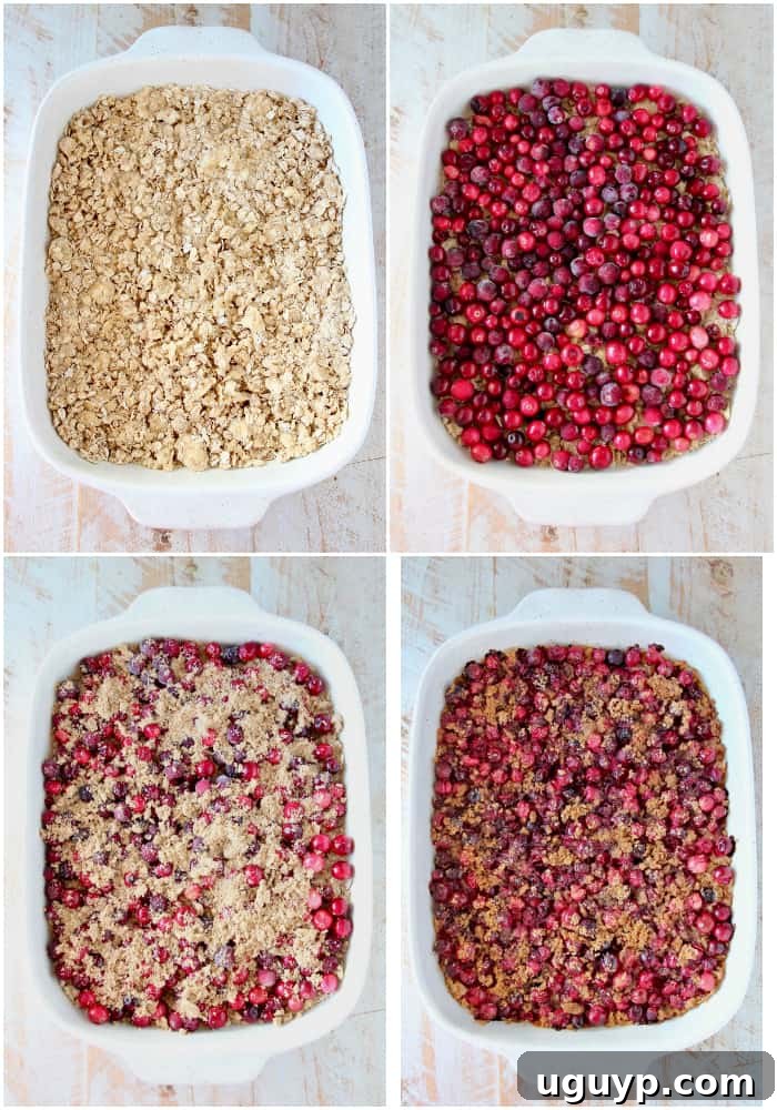 Collage of images showing step-by-step process of making Oatmeal Cranberry Bars: mixing base, adding cranberries, and topping with crumble.