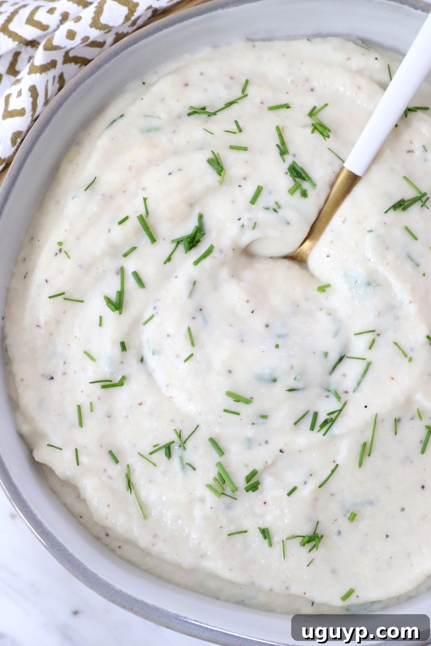 mashed cauliflower in a bowl with a spoon