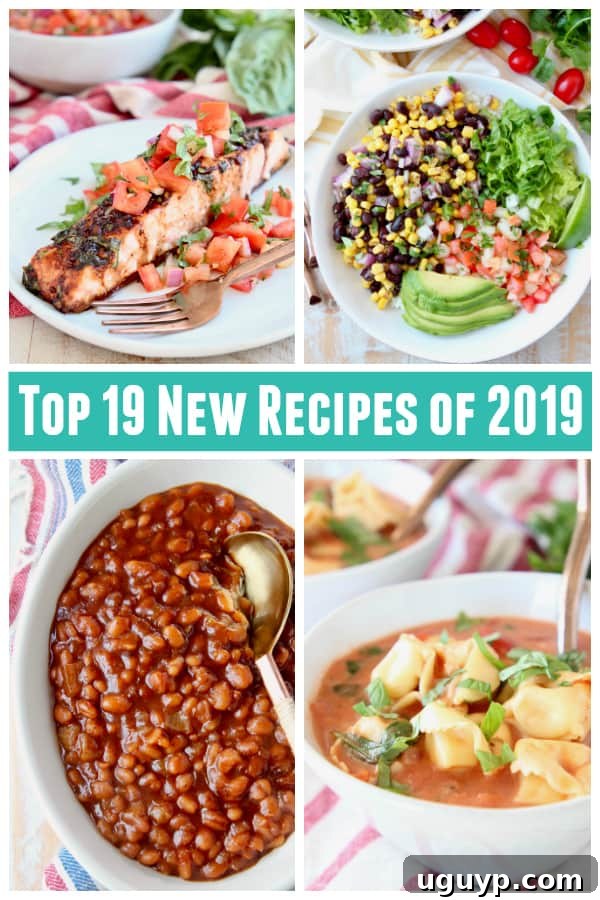 Collage of images featuring tortellini soup, baked beans, bruschetta salmon and burrito bowls. Discover the best new recipes from 2019 that captured everyone's attention, ranging from quick weeknight meals to flavorful homemade spice blends.