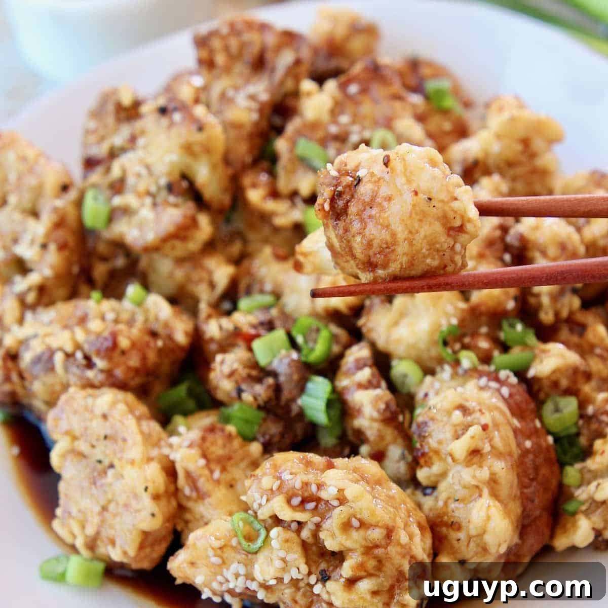 Piece of fried cauliflower in chopsticks, held over plate of fried cauliflower with Korean BBQ sauce. This AMAZING Korean Fried Cauliflower recipe features crispy cauliflower florets tossed in a delicious Korean BBQ Sauce, made with a rice flour batter, and is both gluten-free and vegetarian.