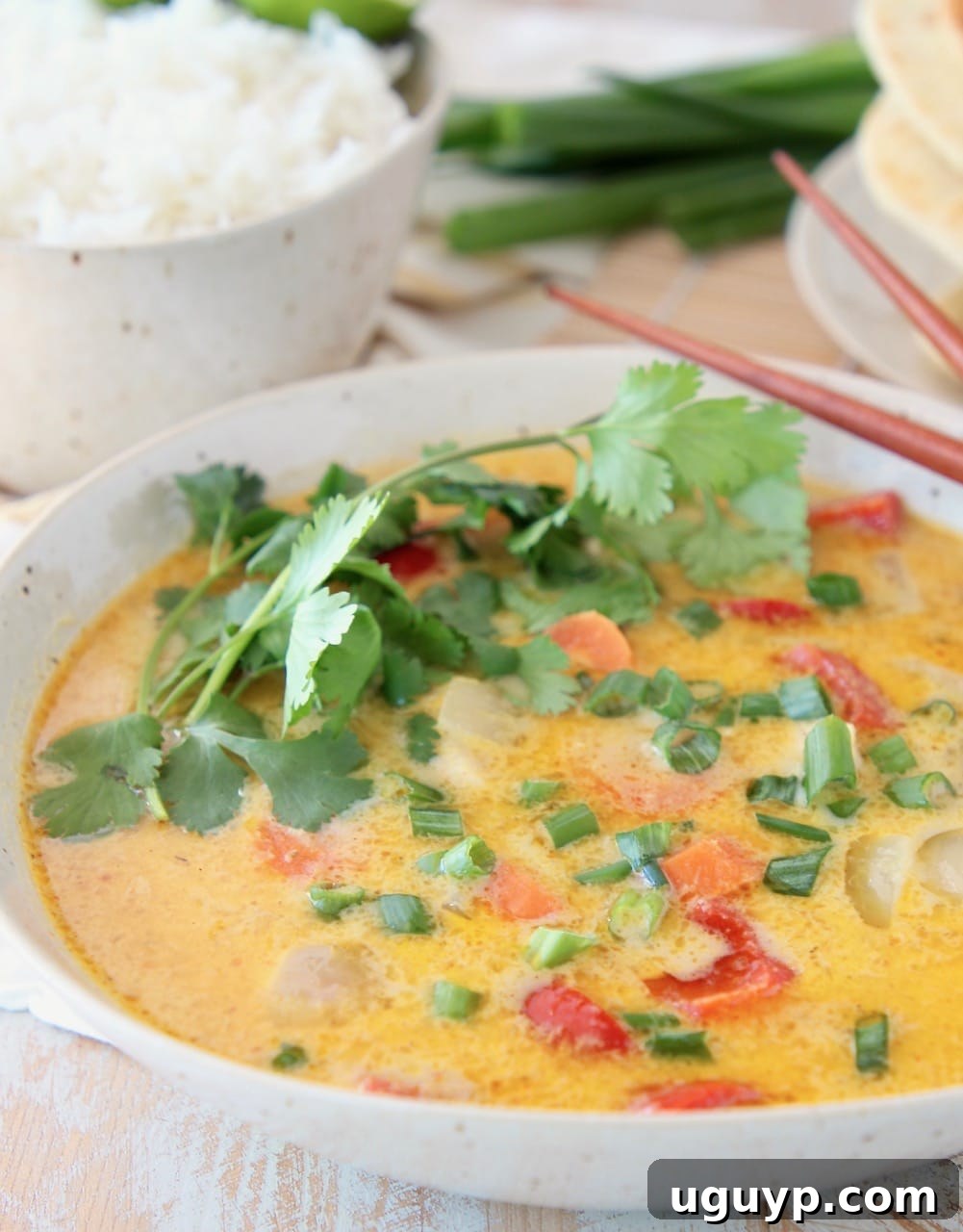 Yellow curry in bowl, topped with fresh cilantro sprigs, with bowl of rice on the side. This easy 20-minute Thai Yellow Curry recipe brings authentic flavors to your kitchen, perfect with chicken or customizable with extra vegetables for a vegetarian option.