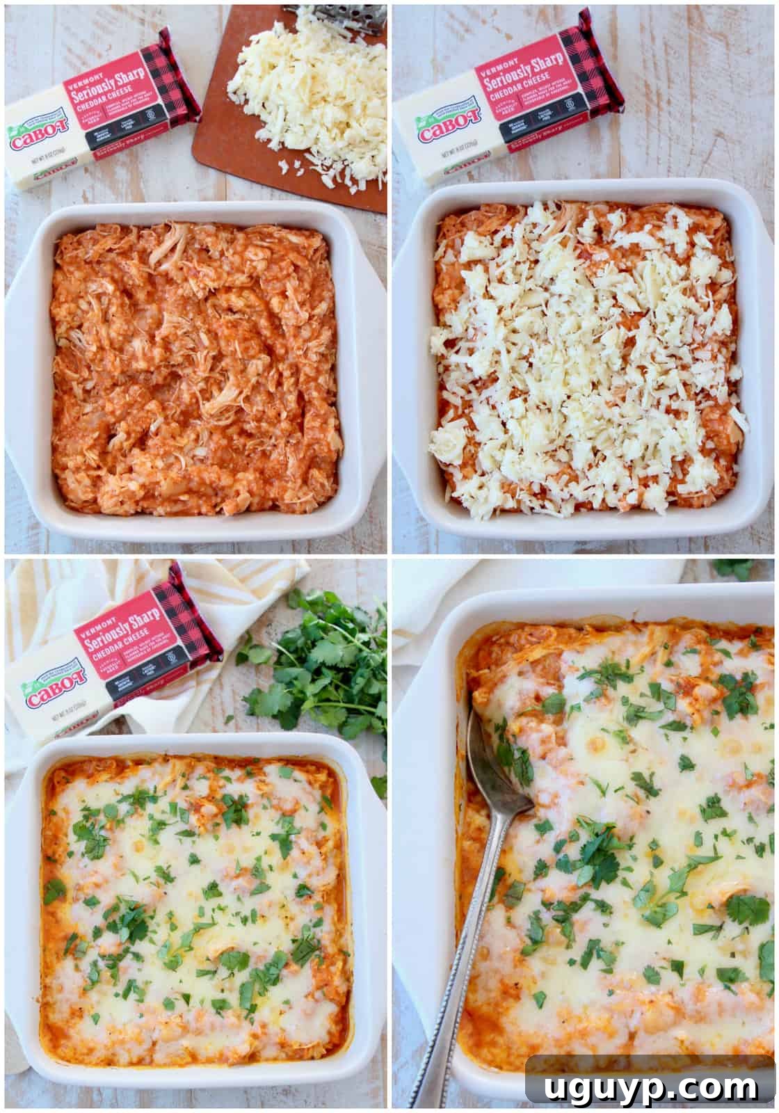A visual collage showcasing the making and delicious final presentation of the Buffalo Chicken Cauliflower Casserole, highlighting its cheesy and vibrant appeal.