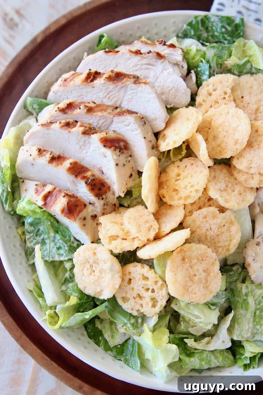 Bowl of healthy Chicken Caesar Salad topped with sliced grilled chicken and golden parmesan cheese crisps.