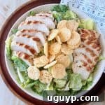 Grilled chicken caesar salad in bowl with parmesan cheese crisps on top